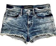 Express High Waisted Acid Wash Raw Hem Micro Mini Booty Cheeky Denim Shorts 6