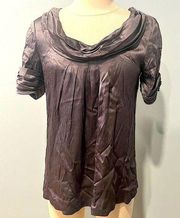 Vera Wang Lavender Label Steel Grey 100% Silk Boat Neck Draped & Pleated Blouse