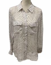 Equipment Femme Sheer 100% Silk Shirt Button Up Tan zebra Print Medium FLAWED