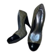 BCBGirls Quilted Black Cap Toe Leather Pump Heels Size 8.5B Army Green