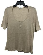 Vince Linen Blend Elbow Sleeve Scoop Neck Short Sleeve Henley Size XL Ribbed Tan