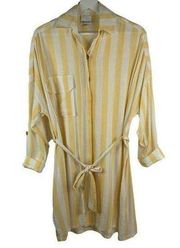 Skylar + Madison Yellow Vertical Stripe Belted Button Front Tunic Top Dress Sz S