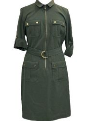 Sharagano Zip Front Olive Green Military Cargo Dress Size 12