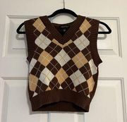 Say What Brown, Tan, and White Argyle Knitted Cropped Sweater Vest Size S