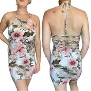 White Floral Strappy Back Bodycon Mini Dress large