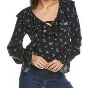 New WeWoreWhat Ruffle Blouse Watercolor Black Multi Ditsy Blue Flower Small