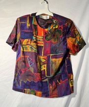 Vintage Women's Petite Sophisticate abstract Blouse Purple Multicolor