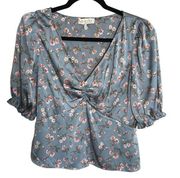 Puff Short Sleeve Ruched Blouse Dusty Blue Foral Print Size Small