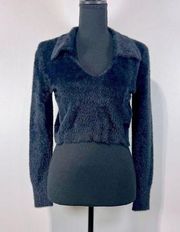 New 525 America Fuzzy Collared Cropped Sweater Black Sz Small Women’s Faux Fur