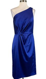 Alex Evenings Women's Cocktail Dress Size 12 Blue Satin One Shoulder Midi Sheath