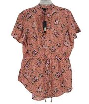 NEW New Glory Pink Floral Peplum Top Drawstring Short Flutter Sleeves Size 1X