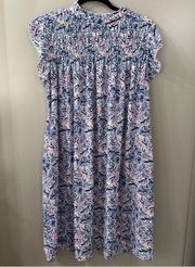 Simply Southern Blue Pink Printed Smocked Flutter Sleeve Dress Womens Size Large