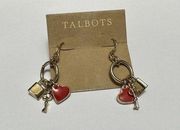 NWT Talbots Lock & Key With Red Enamel Heart Gold Tone Pierced Dangle Earrings