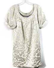 Cream & Metal Silver Metallic Puff Sleeve Damask Print Baroque Shift Dress