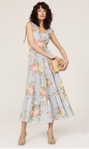 Yumi Kim Tinley Dress Blue Pink Floral Tie Strap Ruffle Midi Dress 10 Wedding