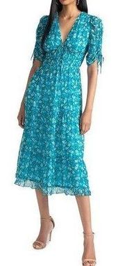 NWT Shoshanna Danli Floral Chiffon blue midi dress with gold. Size 10