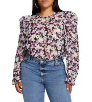 NEW River Island Plus Size 26 Striped Floral Print Puff Long Sleeve Blouse Curvy