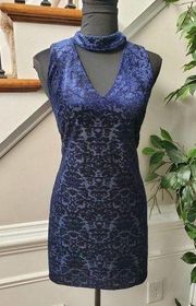 IN San Francisco Women Blue Polyester Halter Neck Sleeveless Knee Length Dress L