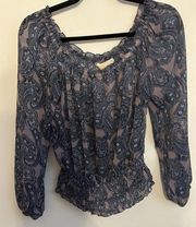 Michael Kors Women’s Sheer Paisley Print Blouse Size Medium Flowy Smocked Waist