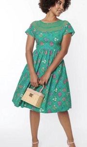 Unique Vintage Floral Argyle Flare Dress in Green