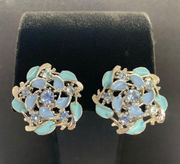 Blue Flower Enamel Rhinestone Silver Tone Vintage 60's Clip Earrings Park Lane?