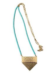 Teal Wooden Bead Necklace Hammered Gold Colored Charm