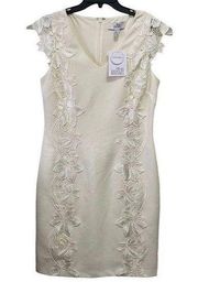 BELLE BADGLEY MISCHKA Sz 12 White Formal Appliqué Sheath Ivory Lace Dress