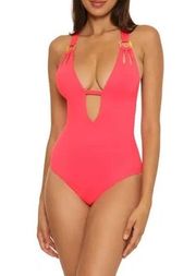 BECCA Color Code Plunge One-Piece Coral Pink Swimsuit Size Small NWT