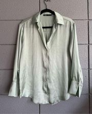 Women’s Zara Satin Shirt with Johnny Collar size S in Sage Green