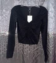 Black Sparkly Ruched Cropped Long Sleeve