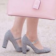 “Jayde” Grey Tweed Mary Jane Block Heel Pumps