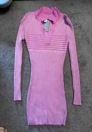 Pink Ribbed Long Sleeve Dress