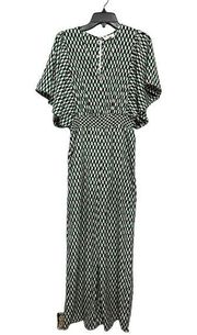 Melloday Womens Jumpsuit Green Geometric V Neck 3/4 Sleeve Kimono Palazzo S New