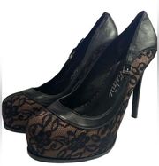 POUR LA VICTOIRE Black Lace & Leather Platform Pumps Sz 8.5