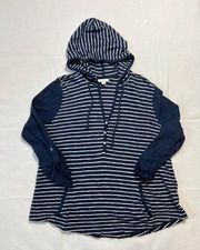 J.Jill  Linen and Cotton Shirttail Hoodie Button V Neck Stripe Blue White