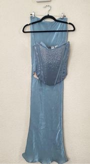 House of CB Nastassia & Amadi set Cool Blue Embellished Satin corset Maxi Skirt