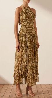 New Shona Joy Rosaline Print Dress Women Size 6 Brown Midi/maxi Asymmetrical Hem