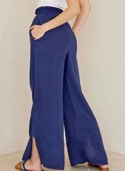 boho smocked waist wide leg pull-on navy pants with pockets Size Large