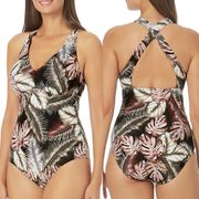 Hurley Pink Black Mauve Scattered Palm Cross-back One Piece Swimsuit Sz XXL