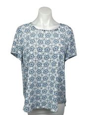 Premise White Blue Paisley Floral Print Crew neck Short Sleeve Blouse Top Size L