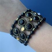 Signed NRT Costume Jewelry Bracelet Rhinestone / Black Bead