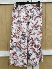 TAHARI Floral Cropped Wide-Leg Linen Pull On Pants Women’s Size XL Pockets