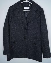 Calvin Klein Wool Blend Tweed Pea Coat Black Single Breasted Speckled Size 8
