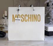 Moschino White Leather Shopper Tote with Laminated Logo in Gold