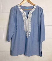 J.McLaughlin women’s light blue v-neck embroidered quarter sleeve tunic blouse