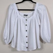 Supplies White 3/4 Sleeve 100% Cotton Button Front Boxy Square Women Top Medium