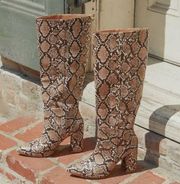 Tan Snake Pointed-Toe Knee High Boots