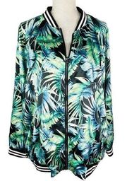 Ava & Viv Bomber Jacket 2X Green Palm Leaves Pockets