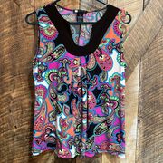 Carole Little hot pink and brown vibrant print sleeveless blouse size M