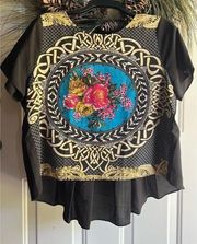 MM Couture Black & Pink Floral Medallion lightweight Top/Blouse/Shirt Size Large